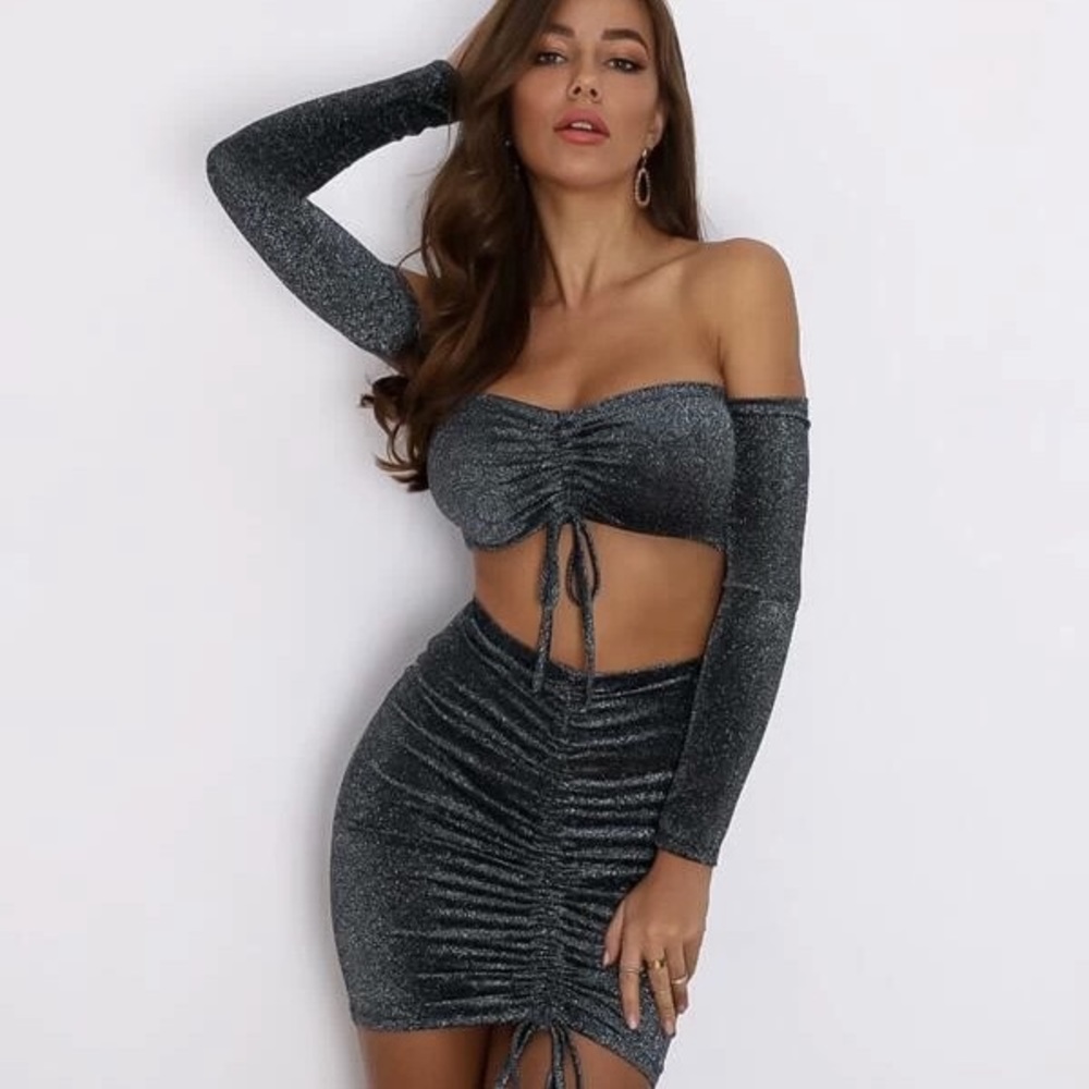 Glitter drawstring two piece skirt set